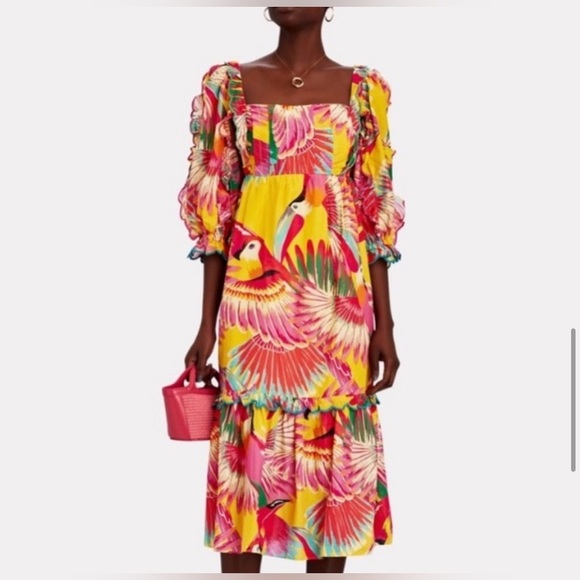 Farm Rio Colorful Toucans Scalloped Sleeve Midi Dress Large